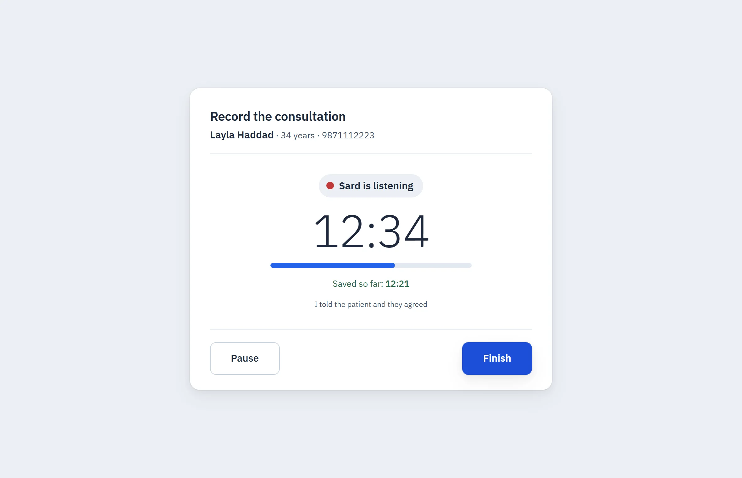Sard recording a consultation, showing a live level meter, an elapsed clock, and how much of the audio is already safely uploaded.